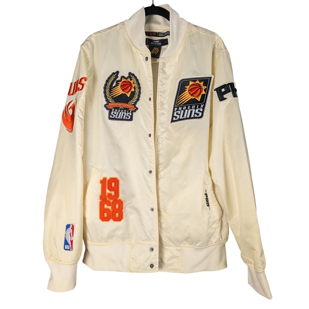 L Men Phoenix Suns Pro Standard Satin Varsity Bomber Jacket Large Cream 1968 NBA